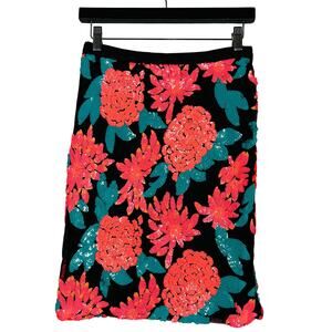 Greylin Floral Sequin Skirt Stretch Pencil Black Pink Teal - XS